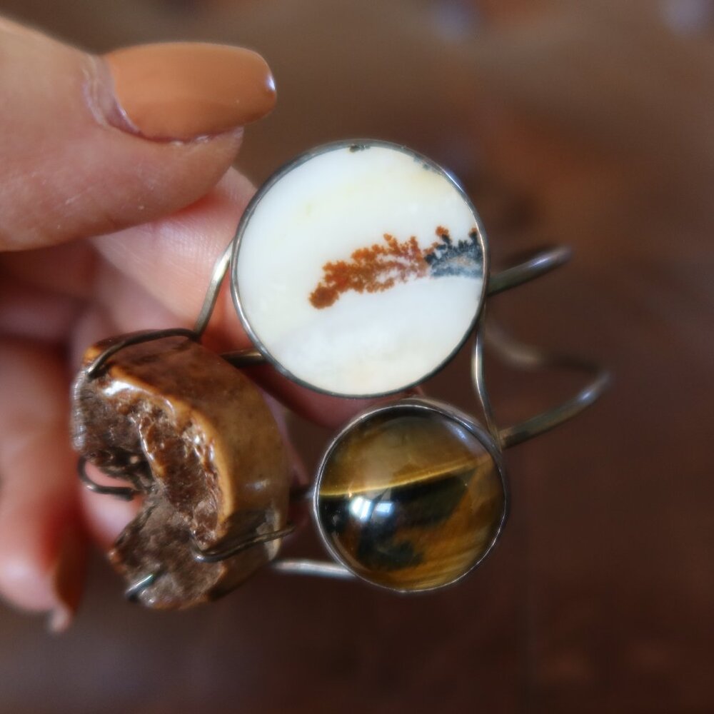 Melissa Joy Manning OOAK sterling silver, tigers eye, agate & fossil cuff MJM